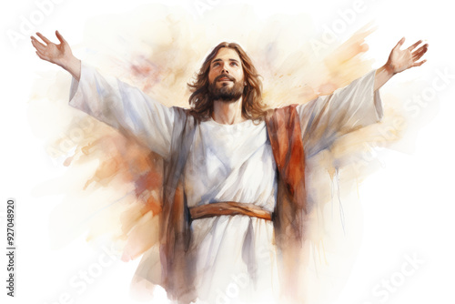 Watercolor painting of Jesus with open arms, inviting and compassionate, rendered in warm, inviting colors with a soft background. Isolated on white background