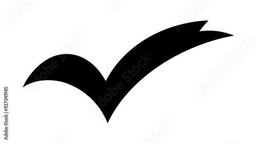 a black check mark or tick symbol on a white background. The check mark is a simple, bold design with a slightly curved shape, often used to indicate correctness or completion