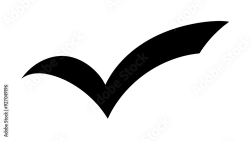 a black check mark or tick symbol. It is a simple, bold, and curved shape that is often used to indicate correctness, completion, or approval