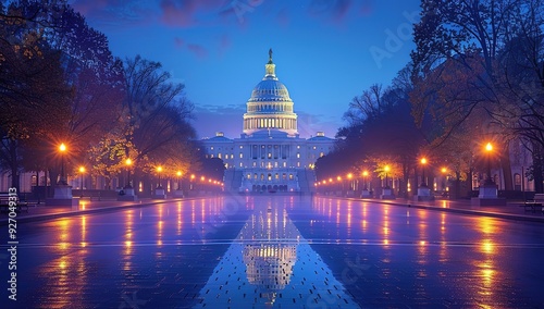 The Washington Monument is lit up at night