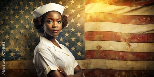African American nurse in classic white uniform and cap standing proudly in front of vintage distressed American flag with warm golden light and subtle texture.