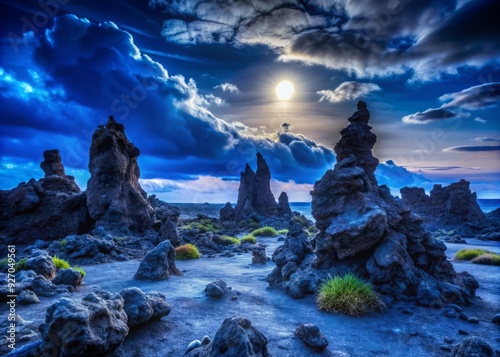 ancient mystical moonlit lava rock formations dark blue photo