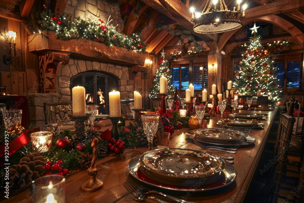 Festive Christmas Dining Room with Candles, Holly, and Holiday Feast Decorations