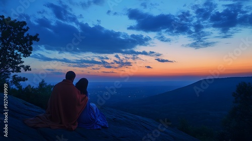 10. A romantic evening on a secluded mountain overlook, with a couple wrapped in a blanket and a panoramic view of the valley below photo