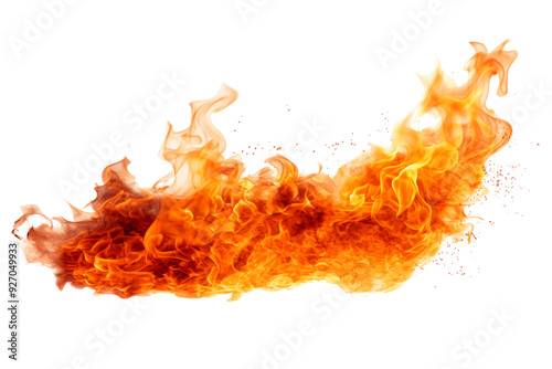 Dramatic fire flames with glowing embers Isolated on white background