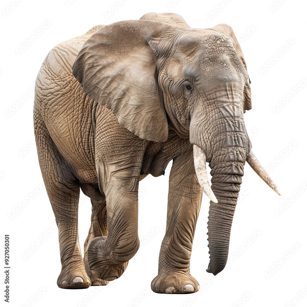 Fototapeta premium African Elephant Walking Isolated on Black Background.
