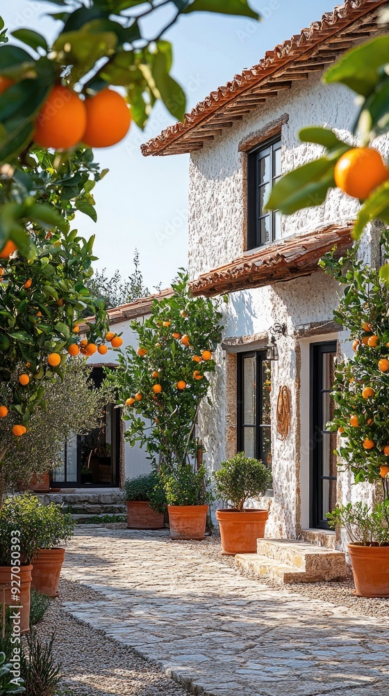 Obraz premium Modern mediterranean house garden with terracotta potted citrus trees