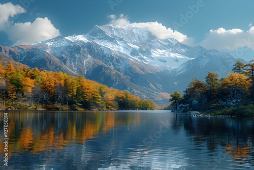 Serene Mountain Lake with Reflecting Snow-Capped Peak in Tranquil Natural Setting