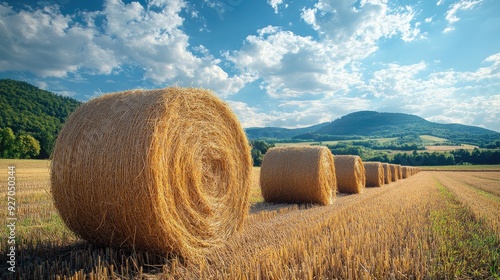 Golden hay bales covered in frost resting on a snowy field at sunset