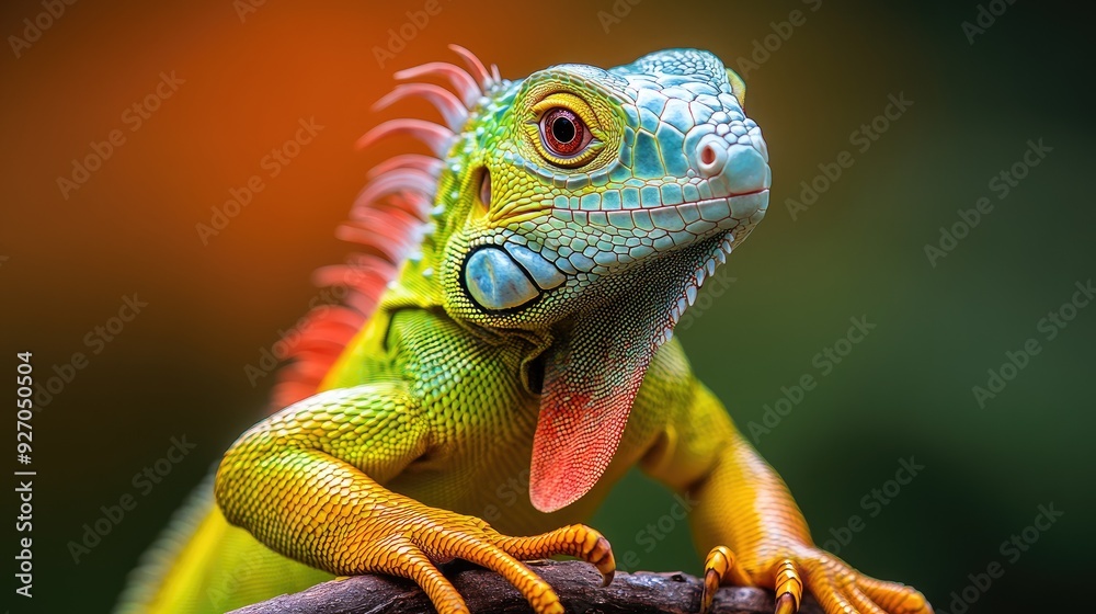 Obraz premium Green iguana posing on a branch in a tropical forest