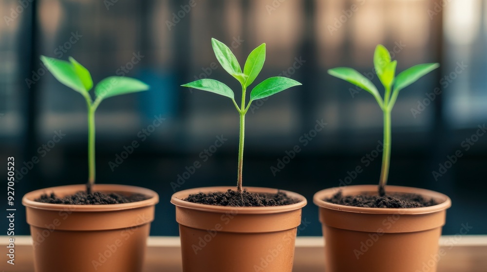 Three small potted plants with green leaves, growing in a row against a blurred background. Three small potted plants with green leaves, growing in a row against a blurred background.