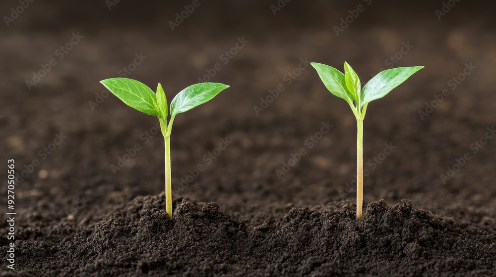 Fototapeta premium Two green seedlings emerge from rich dark soil, symbolizing new life and growth.