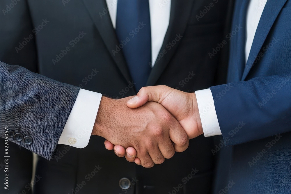 Two businessmen shake hands in a close-up shot, symbolizing agreement and partnership. Two businessmen shake hands in a close-up shot, symbolizing agreement and partnership.