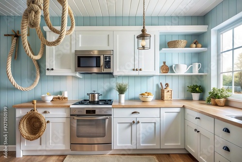 coastal beachy kitchen light blue walls microwave above stove white shaker cabinets nautical rope accents driftwood decor photo