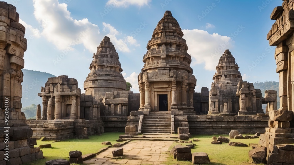 Ancient temple complex with towering statues, carved stone walls, and sacred atmosphere Ancient temple complex with towering statues, carved stone walls, and sacred atmosphere