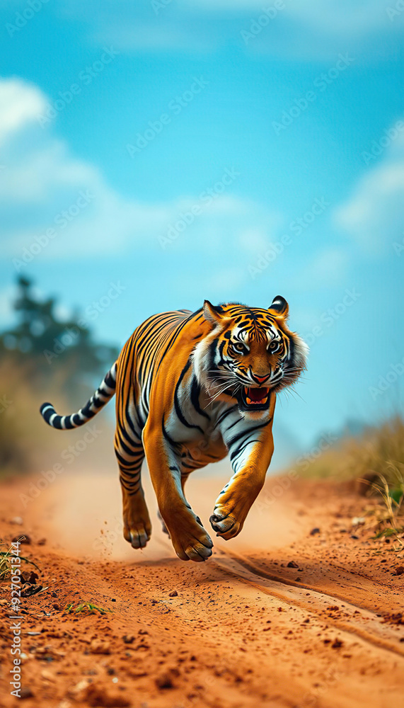 Fototapeta premium A tiger is running through a dirt road