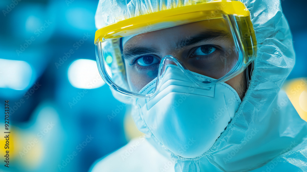 A quantum computing engineer wearing protective gear in a clean room environment A quantum computing engineer wearing protective gear in a clean room environment