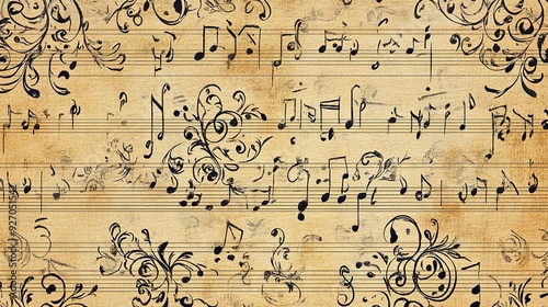 Colorful musical notes pattern on sheet music