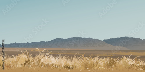 Minimalism countryside landscape with field and mountain ranges in autumn season graphic illustration.