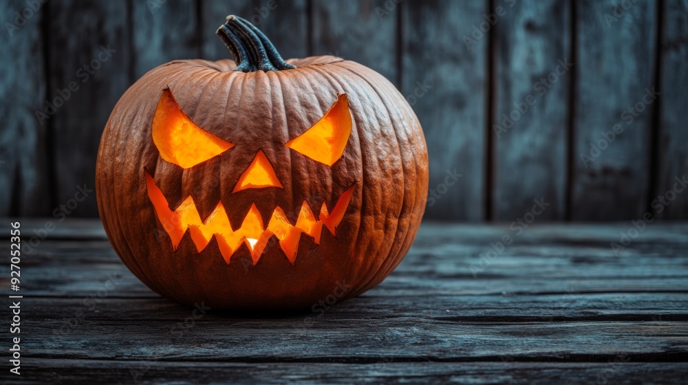 Obraz premium A sinister Halloween pumpkin with sharp, eerie features sits on an old wooden plank background, casting a spooky glow in the dim light.