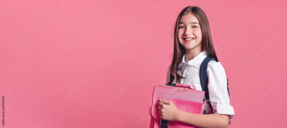Enthusiastic Schoolgirl with Backpack on Monochrome Background - Back to School Concept Enthusiastic Schoolgirl with Backpack on Monochrome Background - Back to School Concept