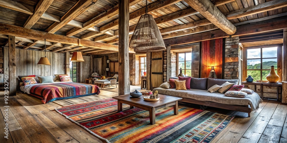 - Details: Reclaimed wood, exposed beams, woven textiles