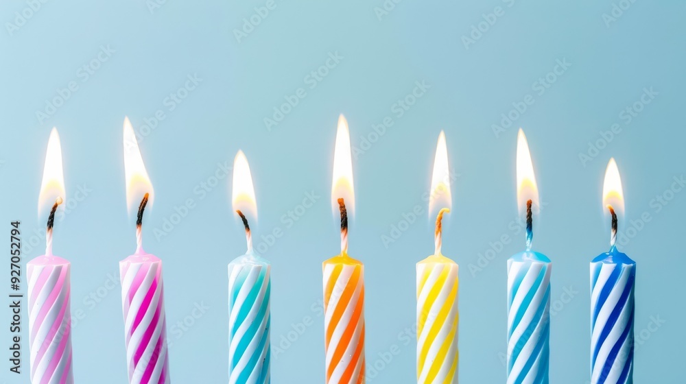 Lit birthday candles in various colors shapes and patterns arranged in a row Lit birthday candles in various colors shapes and patterns arranged in a row