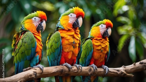 Colorful parrot perched on a branch, tropical jungle setting, vibrant feathers, curious expressio