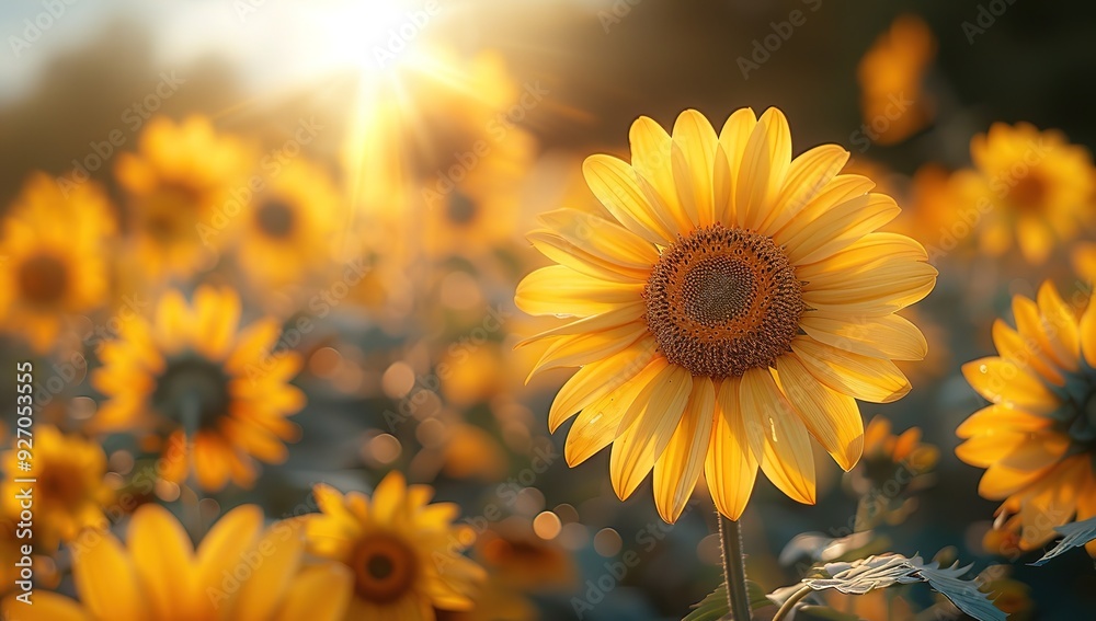 Obraz premium A field of yellow sunflowers with the sun shining on them