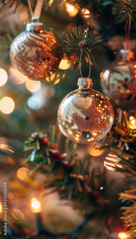 Elegant Christmas Tree Ornaments and Twinkling Lights with a Festive Bokeh Background Elegant Christmas Tree Ornaments and Twinkling Lights with a Festive Bokeh Background