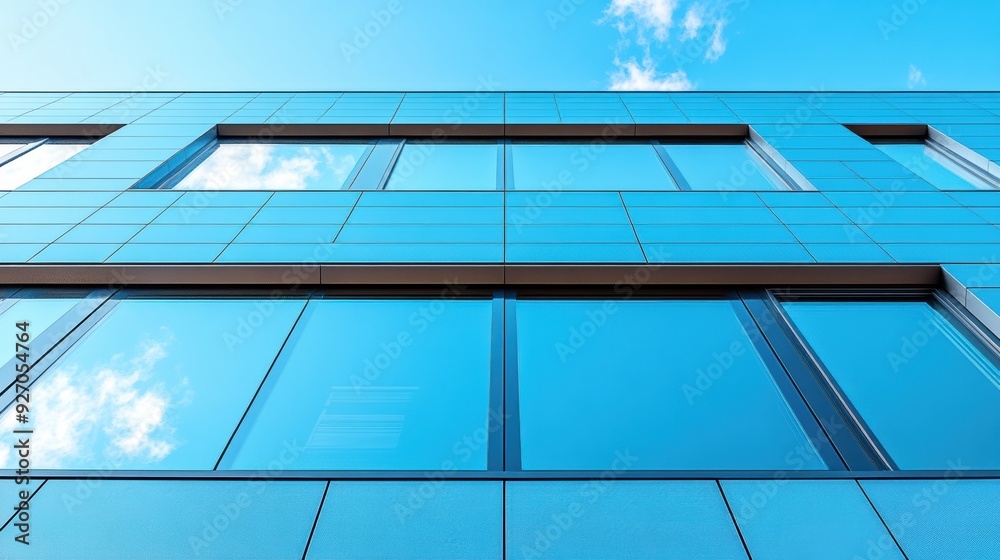 A minimalist industrial complex with expansive windows reflecting the clear sky
