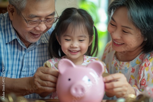 The little girl makes a family piggy bank with her grandparents. They use the piggy bank provided to save money. Represents the traditional wisdom of family wealth accumulation