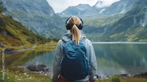 Fototapeta Naklejka Na Ścianę i Meble -  Young woman with a backpack and headphones enjoying a serene mountain lake view, immersed in nature and solitude