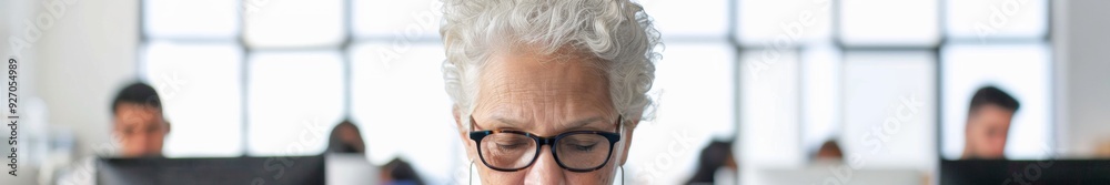 Senior South Asian Businesswoman in Professional Office Setting Checking Emails on Smartphone, Surrounded by Colleagues and Office Desks During the Day