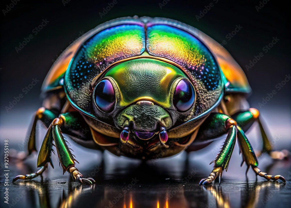 Fototapeta premium hyper-realistic close-up of beetle's compound eyes on glossy black surface with subtle rim light and shallow depth of field