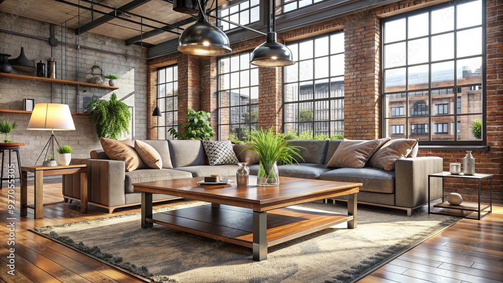 custom made wallpaper toronto digitalIndustrial Edge: Coffee table in warehouse loft, metallic accents, exposed beams