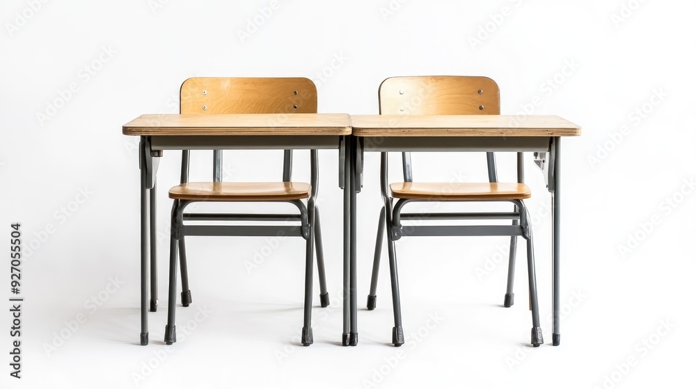 Functional school desk and chairs isolated on a clean white background, capturing the essence of classroom furniture Functional school desk and chairs isolated on a clean white background, capturing the essence of classroom furniture