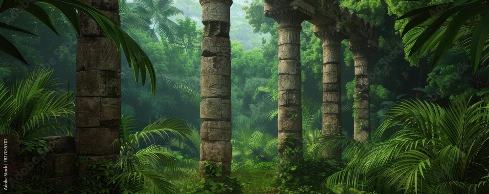 Enchanted forest with ancient ruins and hidden treasures, mystical ...