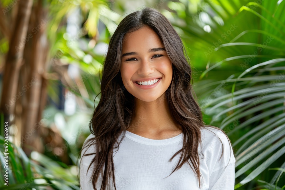 A close up portrait of a smiling Indian woman with a pretty face, looking directly at the camera.Image highlights her warm expression and natural beauty, capturing an engaging and friendly moment.