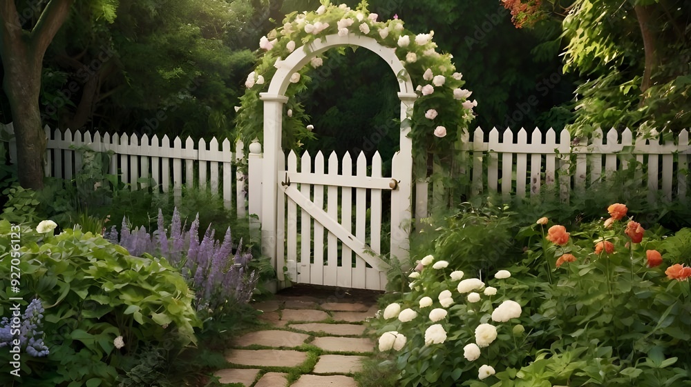 A slightly ajar white picket fence gate leading into a lush, overgrown garden A slightly ajar white picket fence gate leading into a lush, overgrown garden