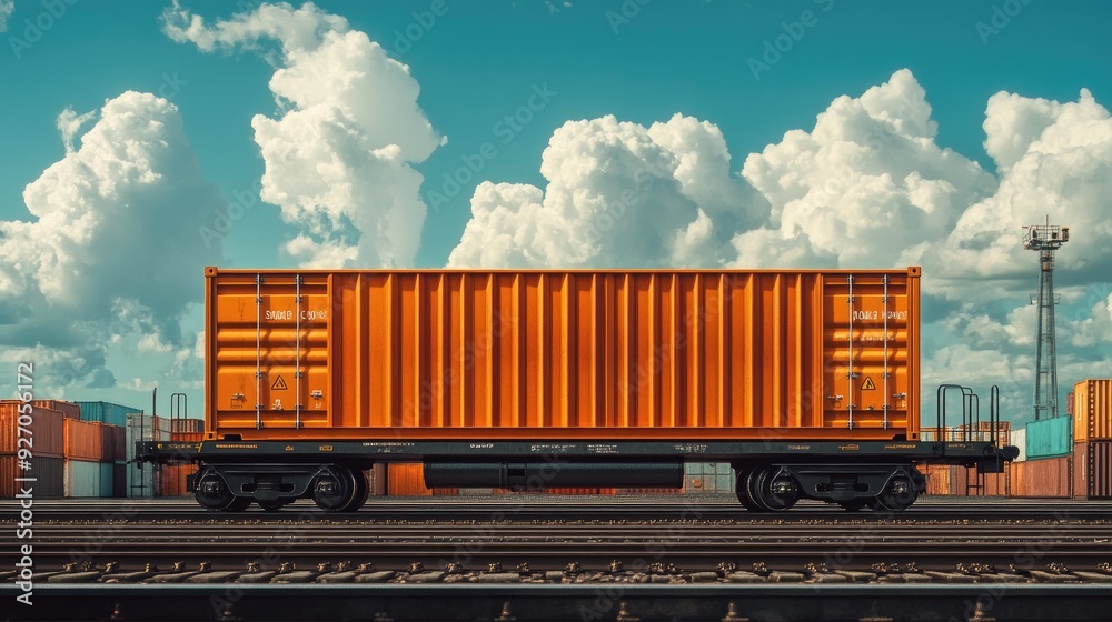 Naklejka premium Industrial train with a large container on top, moving on tracks, representing heavy cargo and efficient logistics