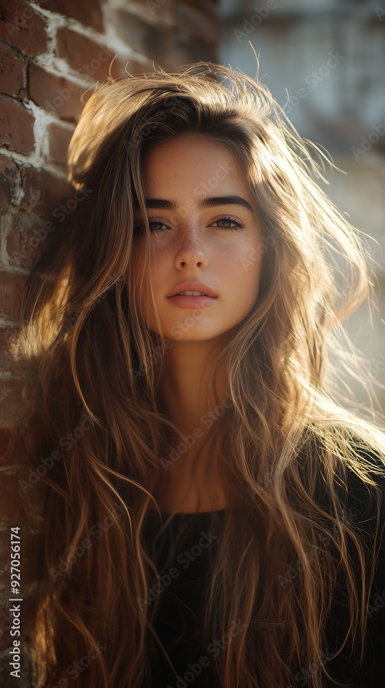 portrait of young woman stands by a brick wall with soft sunlight illuminating her face and flowing hair serene and vibrant atmosphere in a natural setting portrait of young woman stands by a brick wall with soft sunlight illuminating her face and flowing hair serene and vibrant atmosphere in a natural setting
