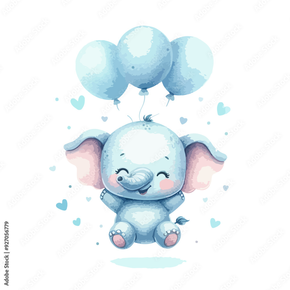 A watercolor Light blue little elephant floating in the air with balloons on a white background.