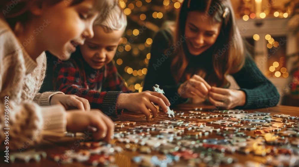Family Enjoying Christmas Puzzle Together - Festive Holiday Activity, Cozy Indoor Gathering Family Enjoying Christmas Puzzle Together - Festive Holiday Activity, Cozy Indoor Gathering