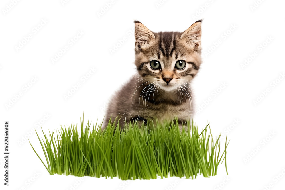 Fototapeta premium Cat on green grass with white background