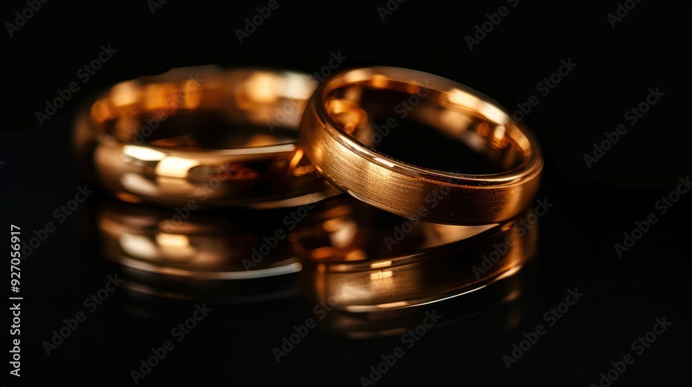 Elegant Sacrament of Matrimony: Wedding Rings on Black with Reflection & Copy Space Elegant Sacrament of Matrimony: Wedding Rings on Black with Reflection & Copy Space