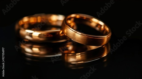 Elegant Sacrament of Matrimony: Wedding Rings on Black with Reflection & Copy Space