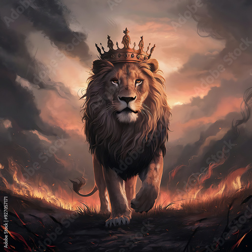 Lion king with a golden crown on a fire background, lion of Judah, lion wallpaper photo