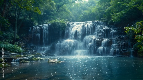 Majestic Waterfall Cascading Through Lush Green Forest Landscape