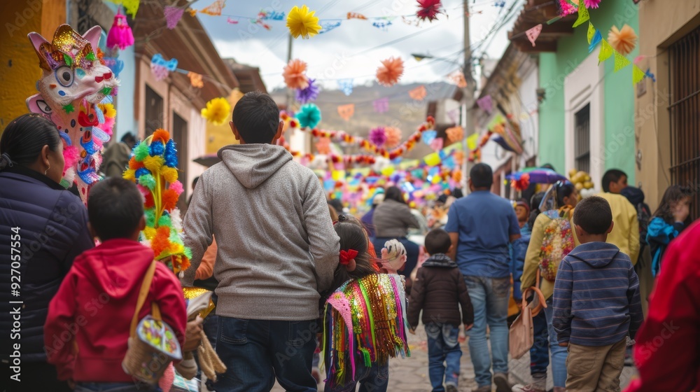 Naklejka premium Festive Las Posadas Celebration in Mexico with Colorful Decorations and Traditional Procession